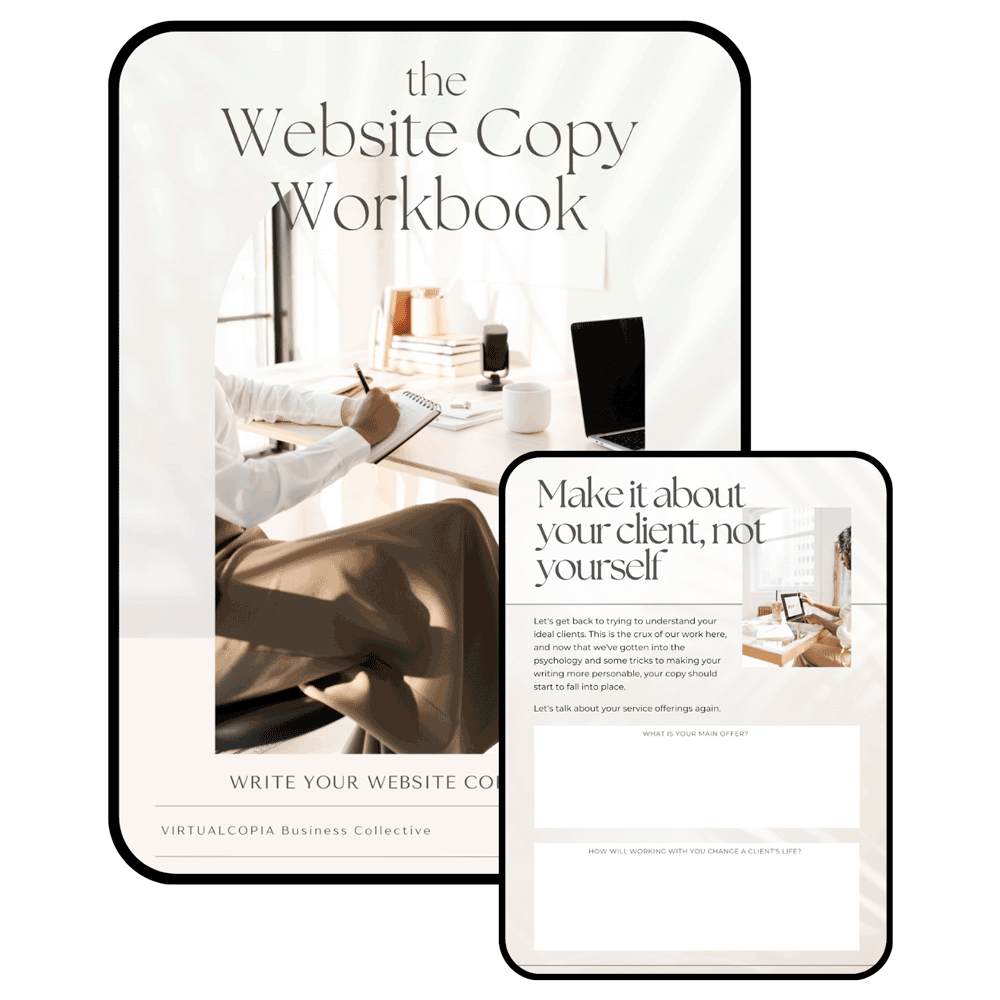 web-copy-workbook-cover The cover and one page of our free download Web Copy Workbook, which teaches you how to write your own website copy